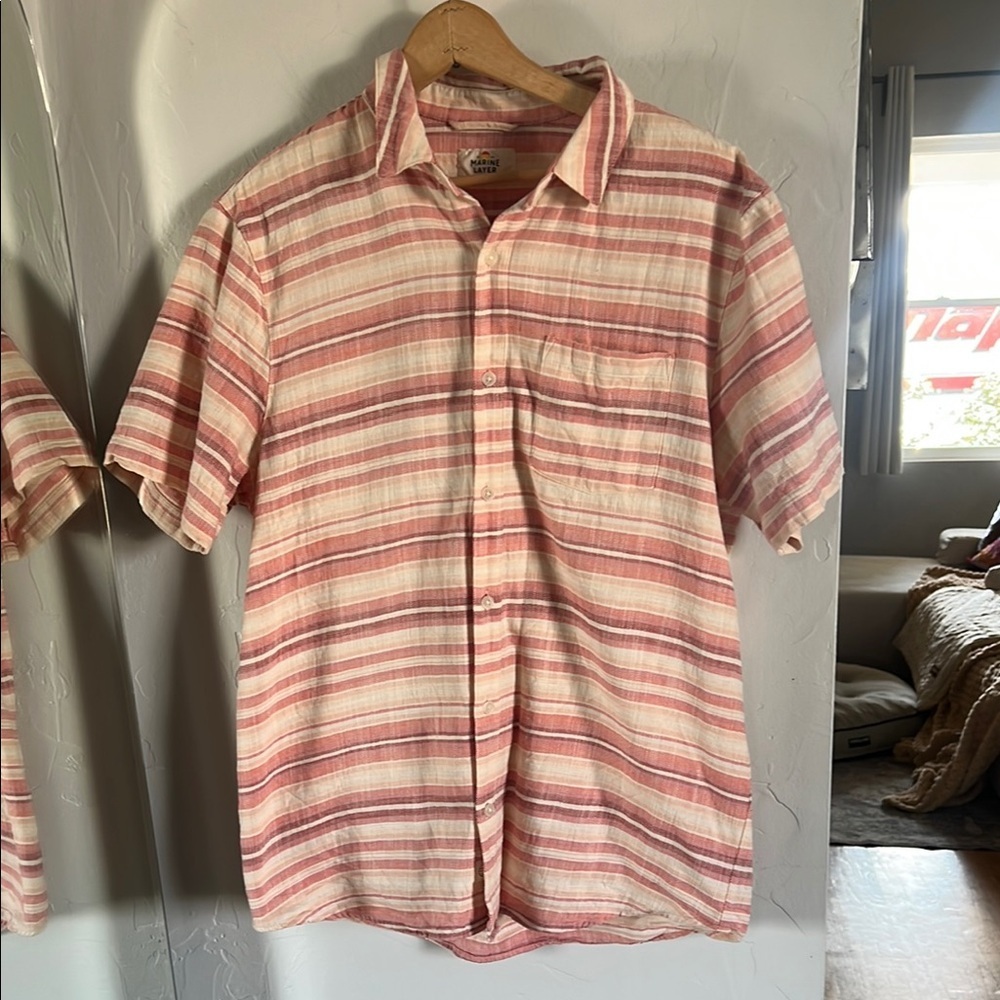 Marine Layer Casual Striped Shirt in Pink/peach and White